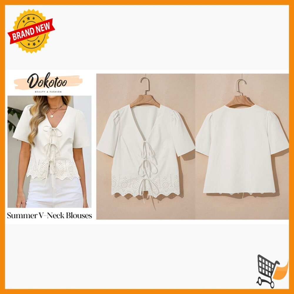 V-Neck Tie Front Crop Top with Puff Sleeves and Eyelet Embroidery - Picture 7 of 7